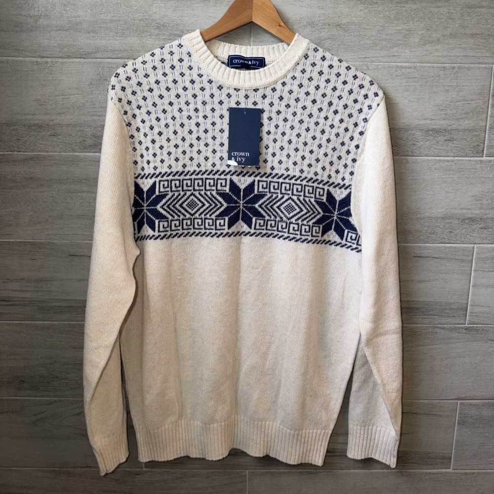 Crown & Ivy Ivory & Blue Fair Isle Lambswool Blend Sweater Men's Size Small NWT